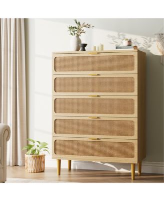 Tall Boho 5-Drawer Rattan Dresser, Wooden Storage Cabinet with Deep Drawers for Multi-Space Use