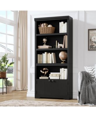 5 Tier Bookshelf Farmhouse Bookcase with 2 Doors Adjustable Shelves Anti-Slip for Home Office Living Room, Study