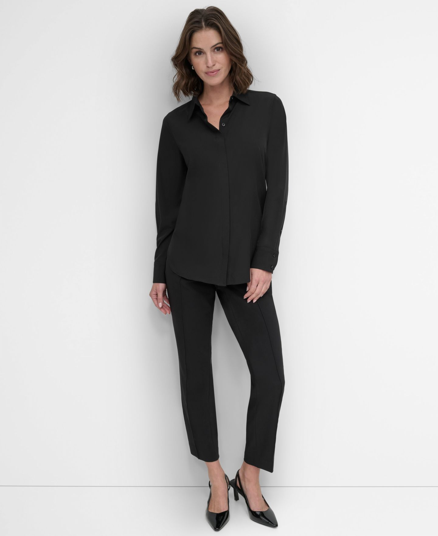 Женская рубашка DKNY Petite Long-Sleeve Button-Front, цвет: Чёрный — фото 2