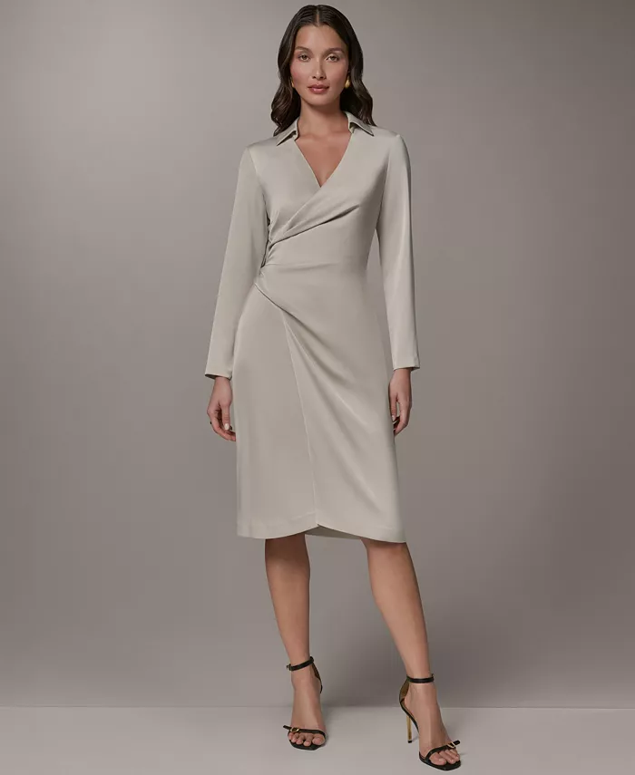 Women's Long-Sleeve Satin Collared V-Neck Midi Wrap Dress