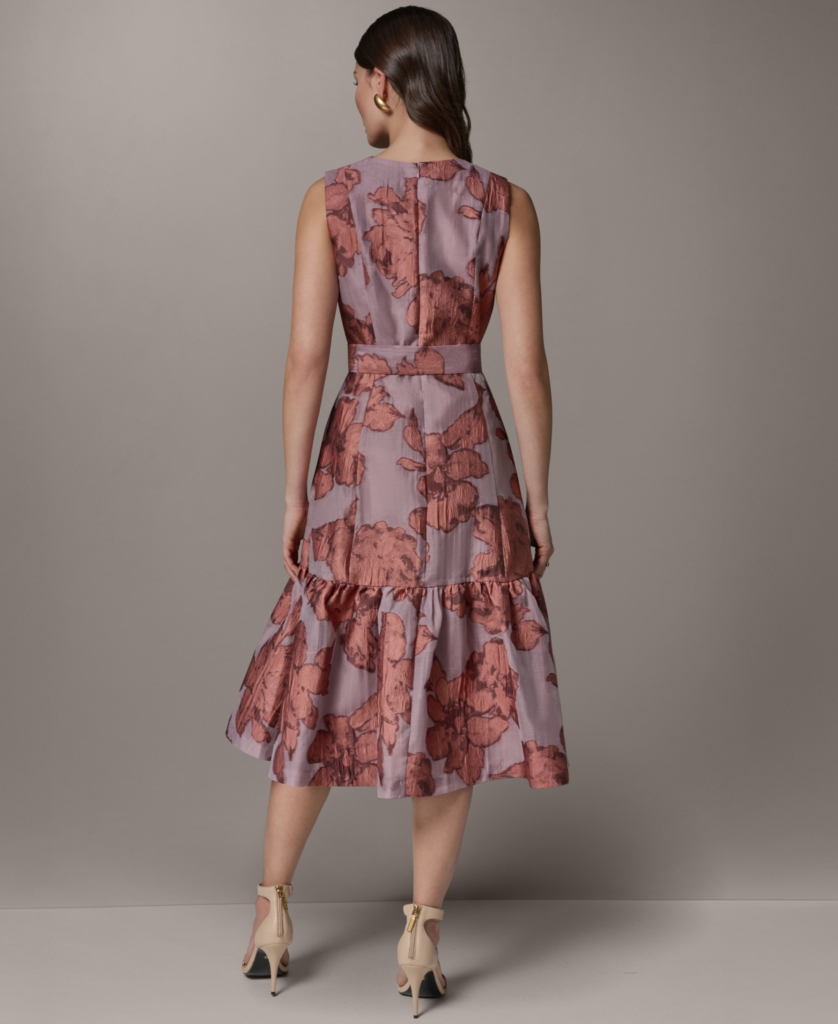 Donna Karan New York Women's Sleeveless Jacquard Faux Wrap V-Neck Floral Midi A-Line Dress