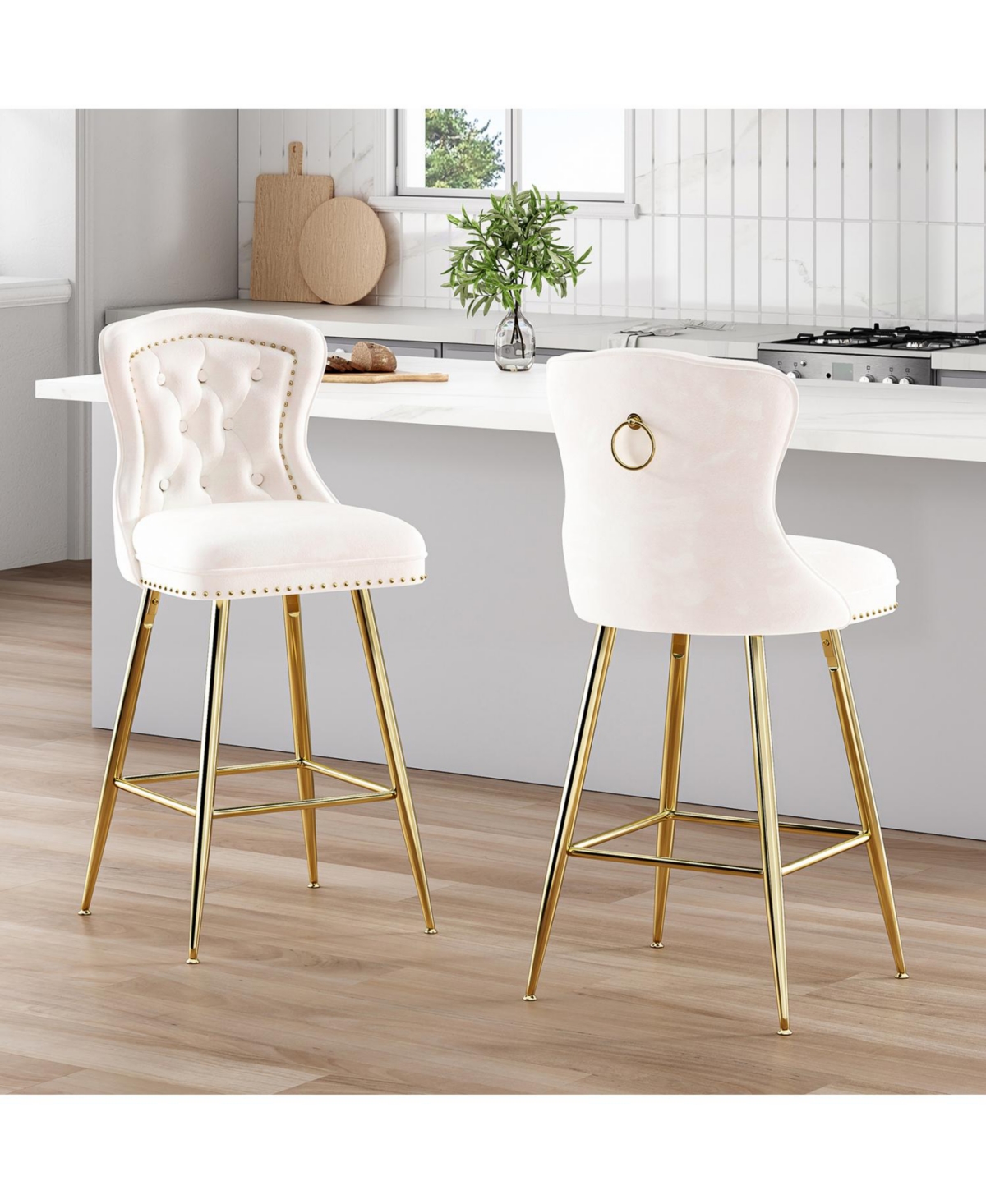 Rainsken Bar Stools Set of 2, Velvet Counter, Button Tufted and Nailheads Trim, with Metal Legs, for Kitchen Island Dining Room Pub