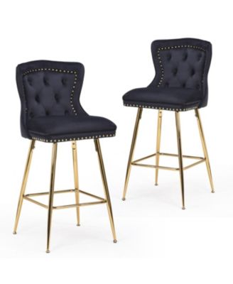 Bar Stools Set of 2, Velvet Counter, Button Tufted and Nailheads Trim, with Metal Legs, for Kitchen Island Dining Room Pub