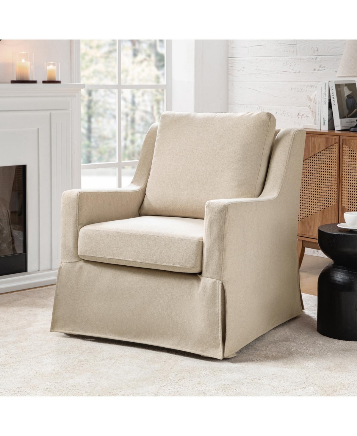 Hulala Home Wimberly 30"W Farmhouse Slipcover Swivel Rocking Chair with Pillow Back