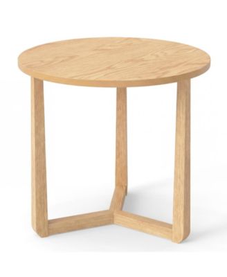 Rustic Round End Table with Sturdy Rubber Wood Legs and Triangular Base Design