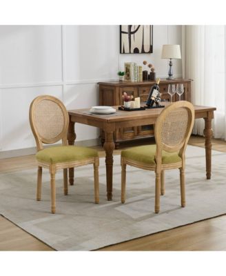 French Style Solid Wood Frame Antique Painting Linen Fabric Rattan Back Dining Chair,Set of 2