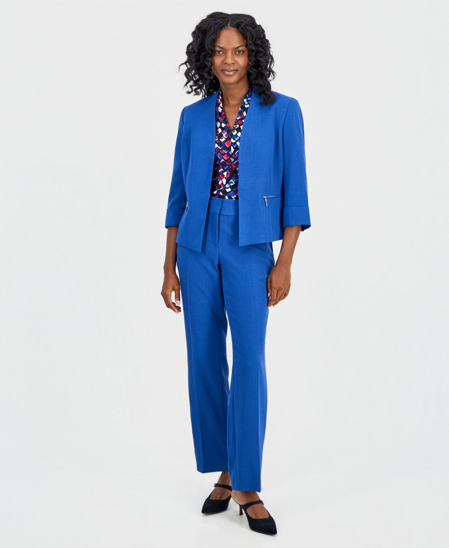 Женский пиджак Kasper Collarless Zip-Pocket Cuffed-Sleeve Blazer, цвет: Синий ночной — фото 2