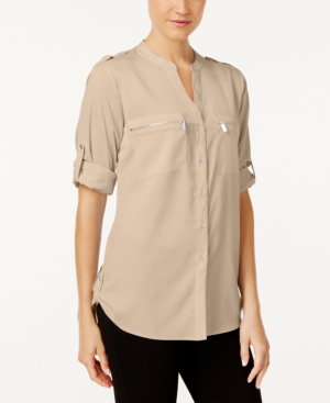 UPC 700289376277 product image for Calvin Klein Roll-Tab-Sleeve Zip-Pocket Blouse | upcitemdb.com