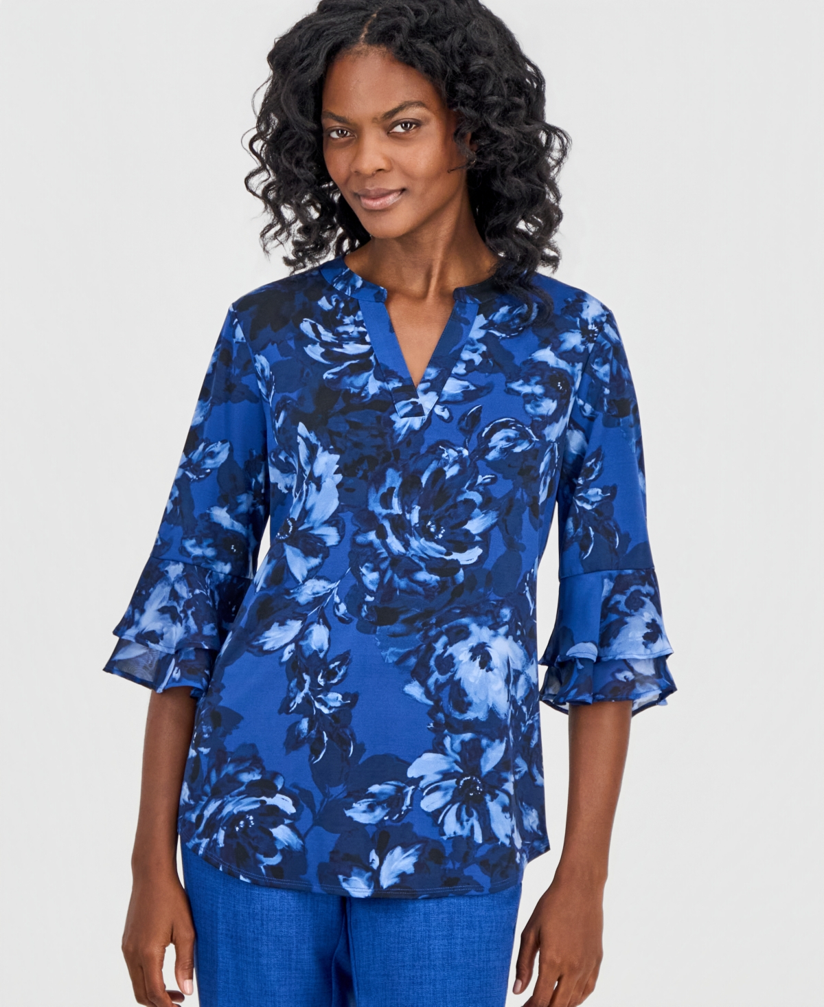 Kasper Petite Split Neck Flutter-Sleeve Blouse