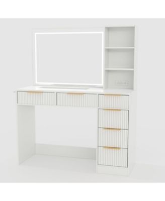 Extra Large Fluted Makeup Vanity - 36" LED Mirror, 6 Drawers and Charging Station (2 AC+2 USB) Oak Dressing Table with Tempered Glass Top