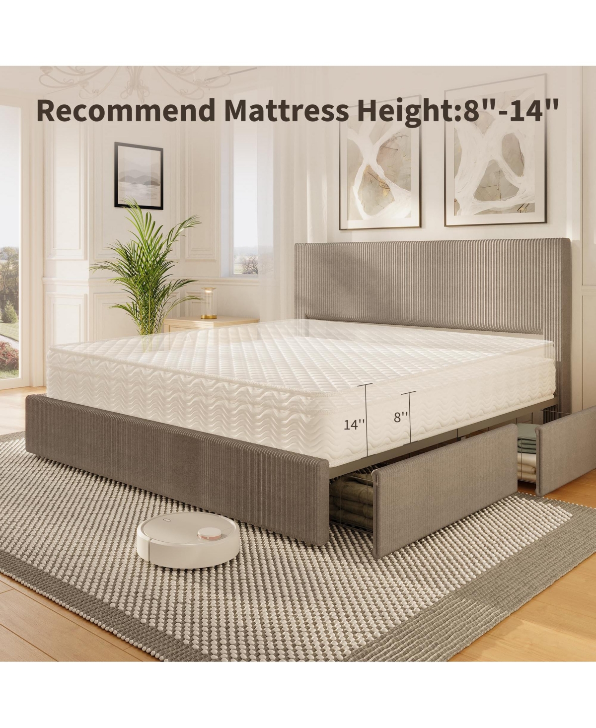 homfan Upholstered Platform Bed Frame with 4 Storage Drawers, Corduroy Channel Tufted Wingback Headboard