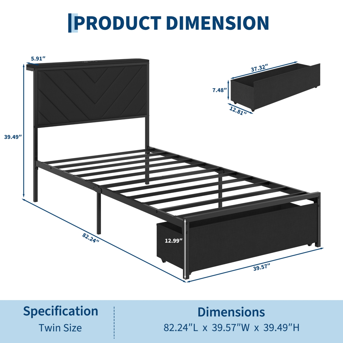 homfan Upholstered Metal Platform Bed Frame with Charging Station Headboard & 2 Rolling Under Storage Drawers