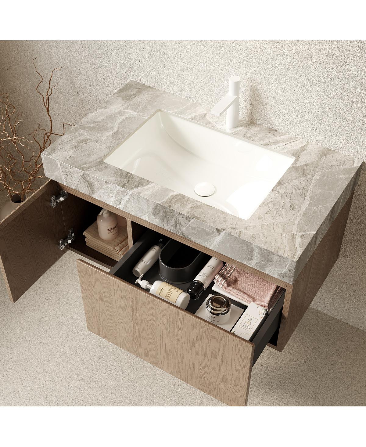 Sillysis Italian Wall Mount Bathroom Vanity with Sintered Stone Countertop, Ceramic Sink, Soft Close Cabinet