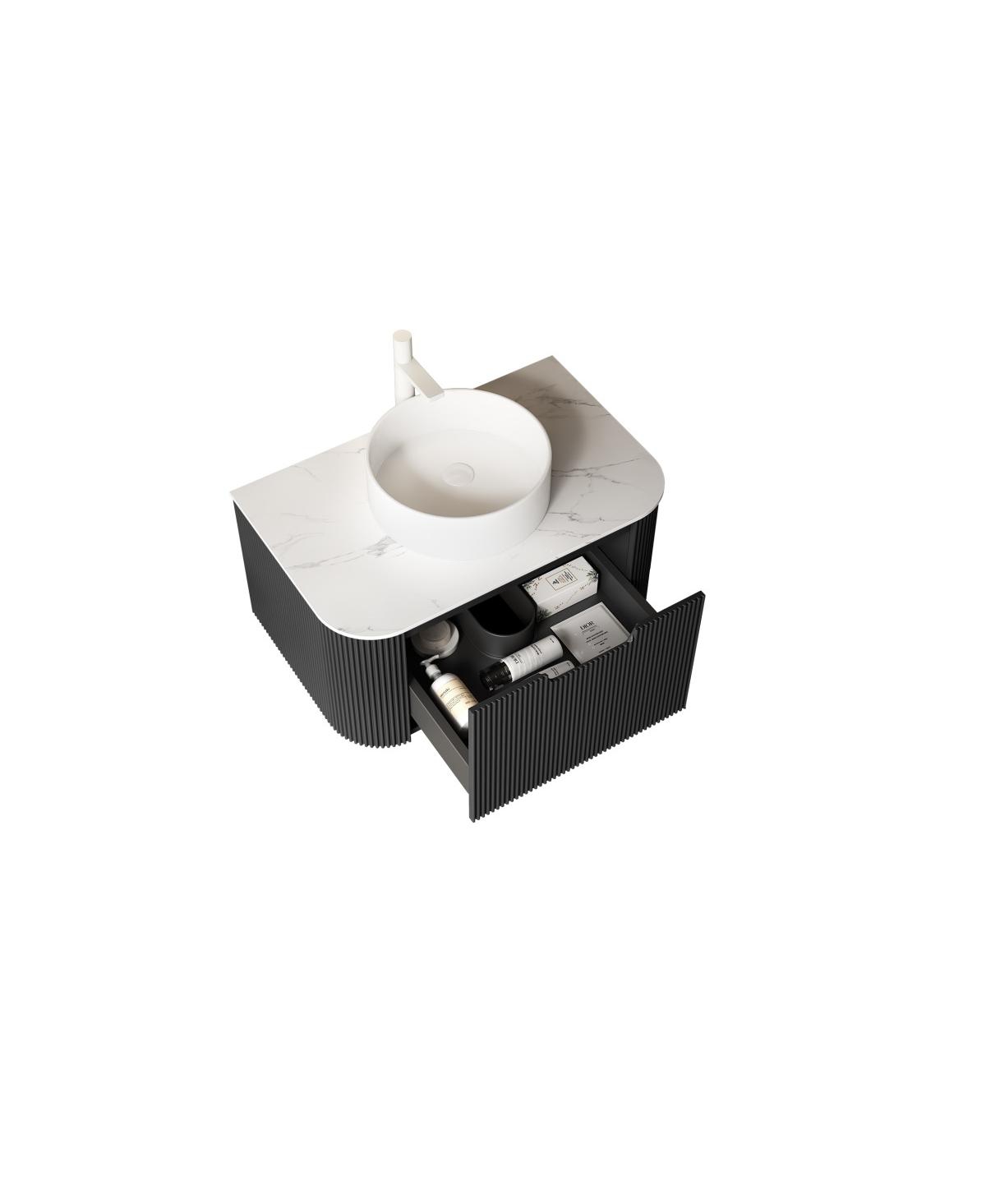 Sillysis Wall Mounted Bathroom Vanity with Sintered Stone Top, Round Ceramic Sink, Black Striped Drawer