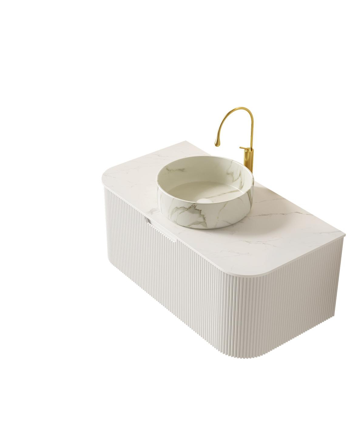 Sillysis Wall Mounted Bathroom Vanity with White Sintered Stone Top, Round Ceramic Bowl Sink