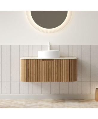 Wall Mounted Bathroom Vanity with Sintered Stone Top, Round Ceramic Vessel Sink, Wood Grain Drawer, Pre-assembled
