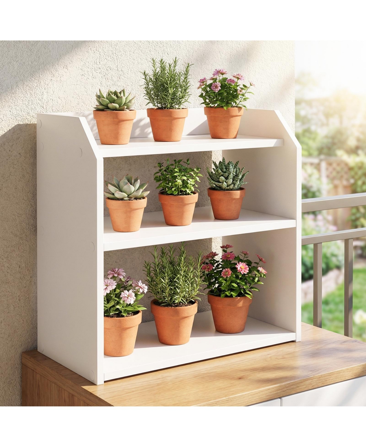 Gymax 3-Tier Desktop Bookshelf with Raised Top Guardrails Space-Saving Desk Display Shelf