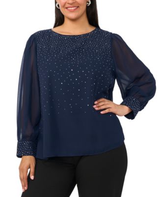 Plus Size Rhinestone Embellished Balloon-Sleeve Top