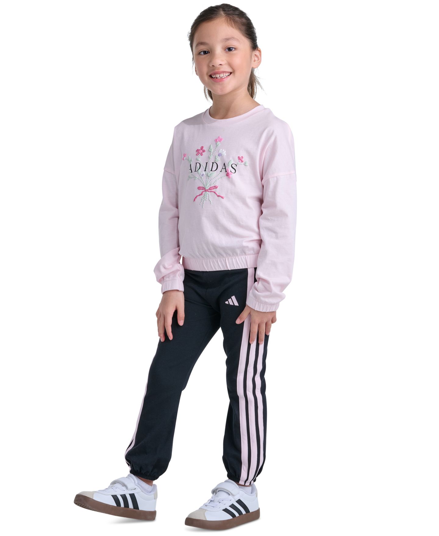 Детский комплект adidas для девочек: свитшот и брюки, 2T-6X, 2 предмета, цвет: Розовый / Чёрный — фото 2