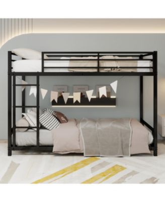 Metal Bunk Bed Metal Low Profile Bunkbed, with Ladder and Full-Length Guardrail, Noise Free, No Spring Box Required