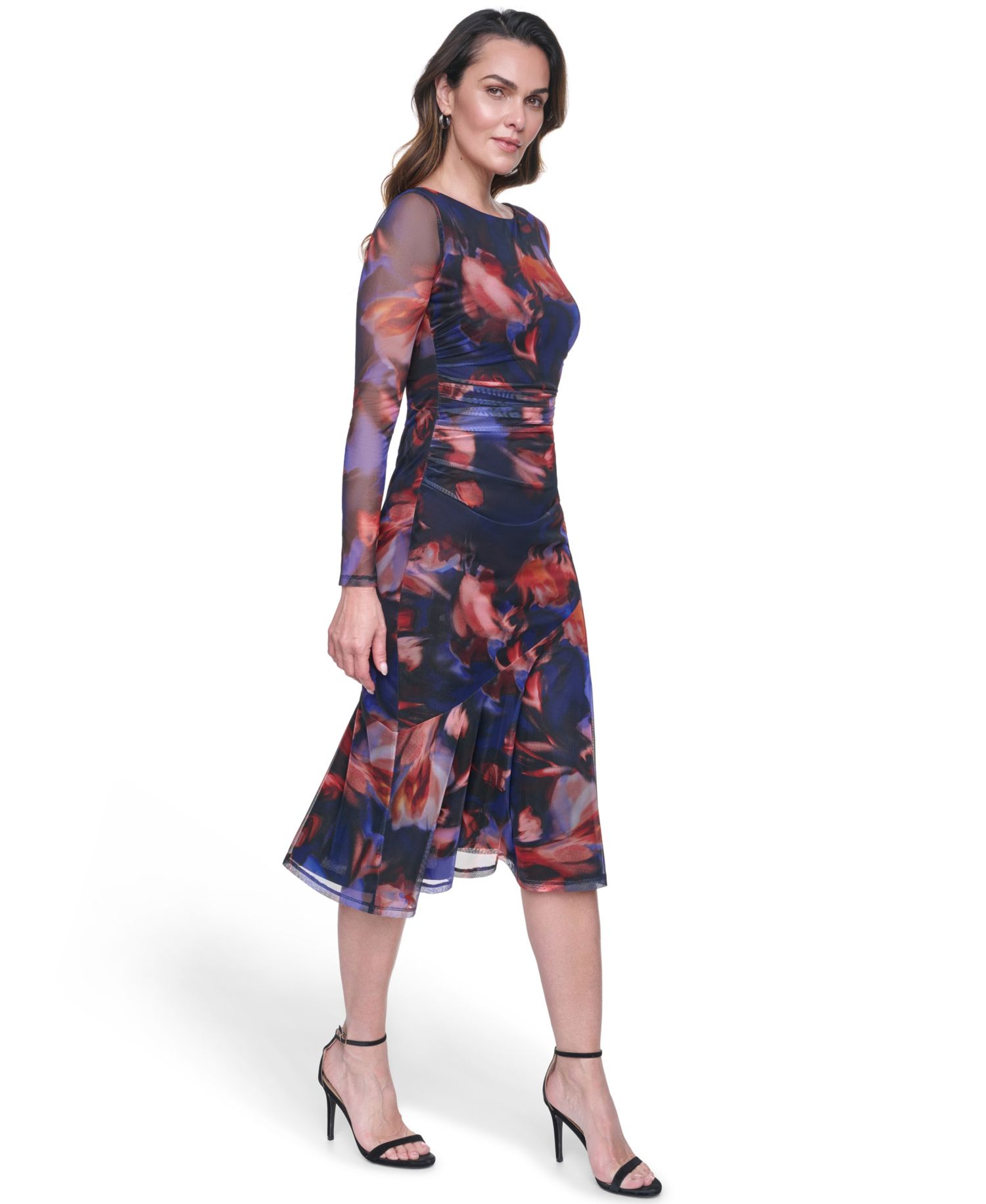 Petite Long-Sleeve Side Ruched Mesh Midi Dress