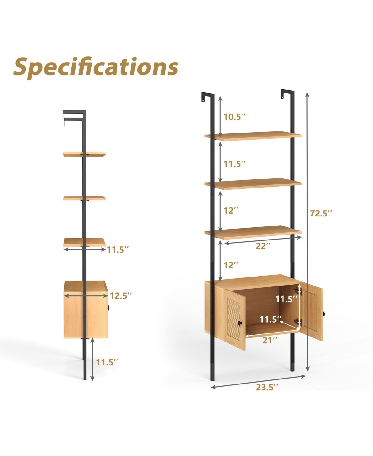 Gymax Wall-Mounted Ladder Shelf 5-tier Bookshelf w/ Rattan-Door Cabinet Display Rack