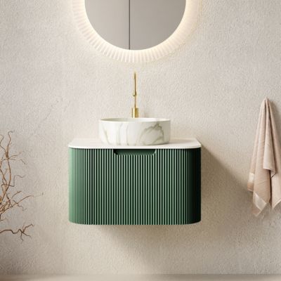 Wall Mounted Bathroom Vanity with Sintered Stone Top, Round Ceramic Basin, Stripe Drawer Panel, Pre-assembled
