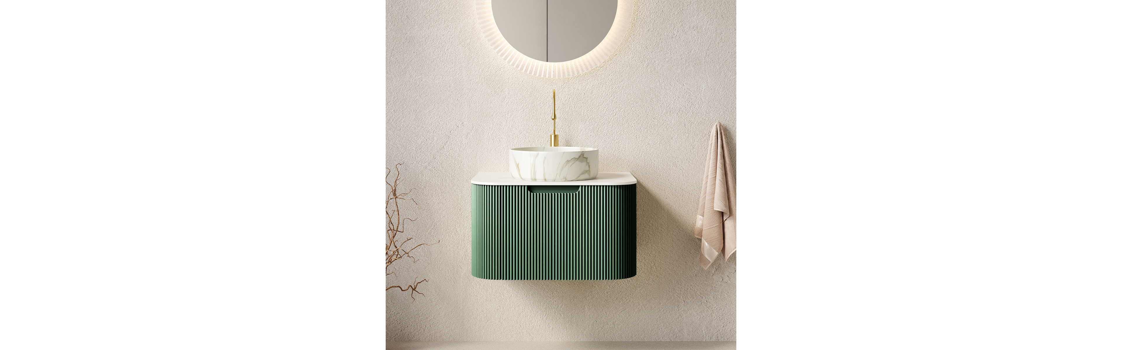 Sillysis Wall Mounted Bathroom Vanity with Sintered Stone Top, Round Ceramic Basin, Stripe Drawer Panel