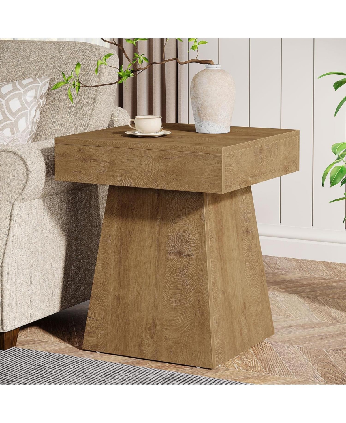 Tribesigns Square Side Table, Farmhouse Small End Table with Wide Base, Rustic Small Nightstand Beside Bed