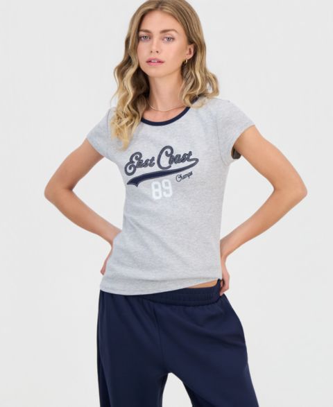 Женская футболка Hippie Rose Juniors' Y2K Graphic Ringer, цвет: Светлый серый