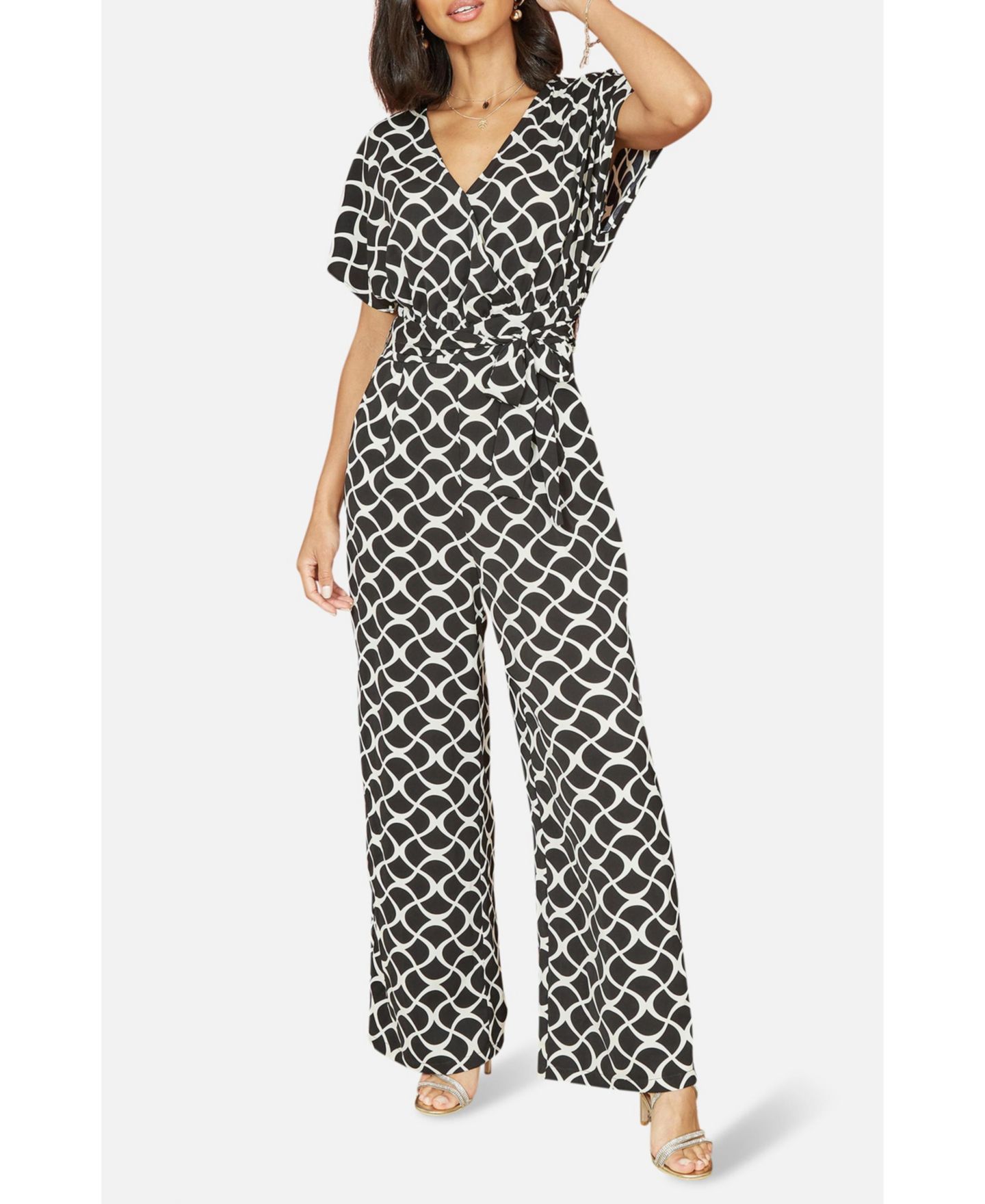 Женский комбинезон Yumi Geometric Print Wrap Jumpsuit, цвет: Чёрный — фото 3