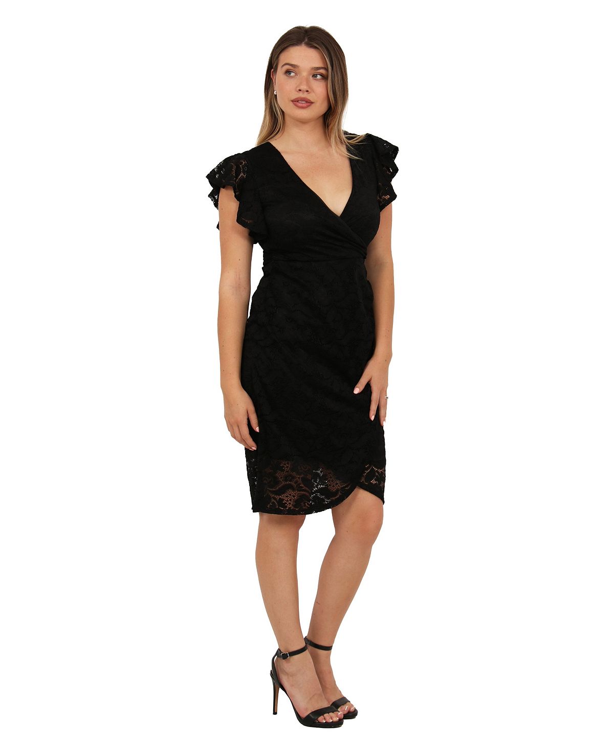 24seven Comfort Apparel Women's Lace V-Neck Flutter-Sleeve Faux Wrap Midi Dress view 2 — MAYCSS fashion products