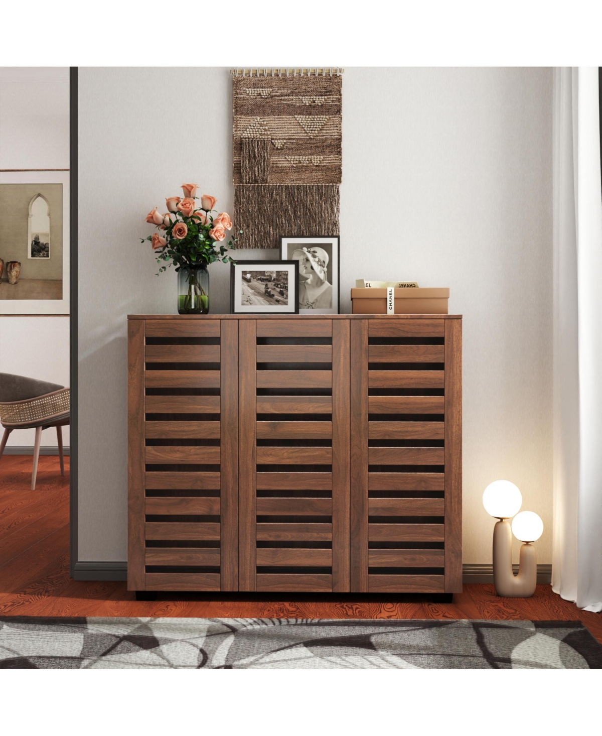 Rainsken 5-Tier Wooden Shoe Cabinet, Shoe Rack Organizer with 3 Louvered Door and Adjustable Shelves for Entryway, Hallway and Living Room