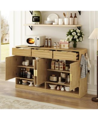 Farmhouse Buffet Cabinet with 3 Drawers and 4 Doors, Storage Sideboard with Adjustable Shelf and Open Shelves for Dining Room, Living Room
