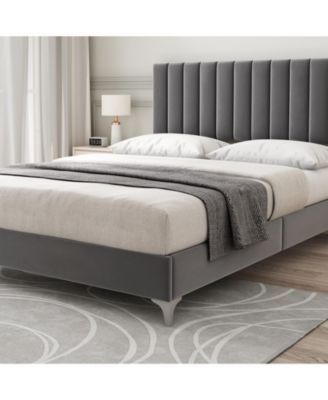 Velvet Upholstered Platform Bed Frame with Adjustable Vertical Channel Headboard, Wooden Slats and No Box Spring Needed