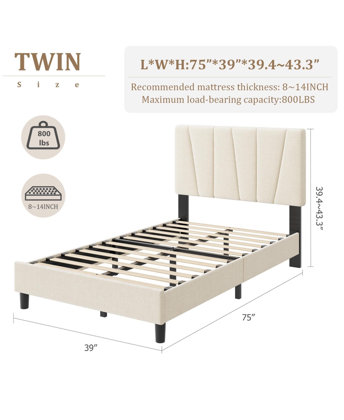 homfan Linen Upholstered Platform Bed Frame with 3-Level Adjustable Headboard, Wood Slat Support, Quiet Design