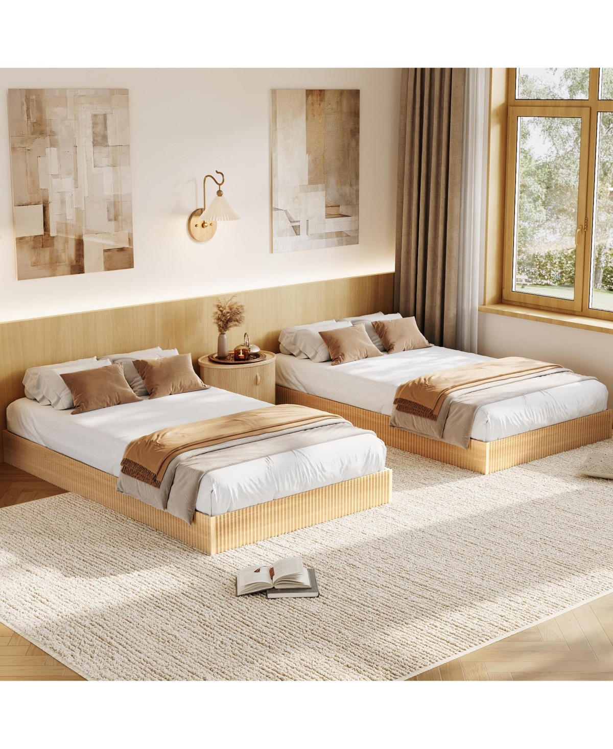 homfan Wood Platform Bed Frame with Fluted Design, Low Profile Bed, Quiet Slat Support