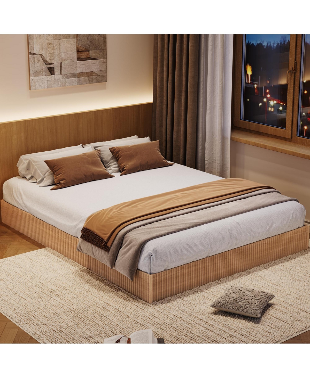 homfan Wood Platform Bed Frame with Fluted Design, Low Profile Bed, Quiet Slat Support