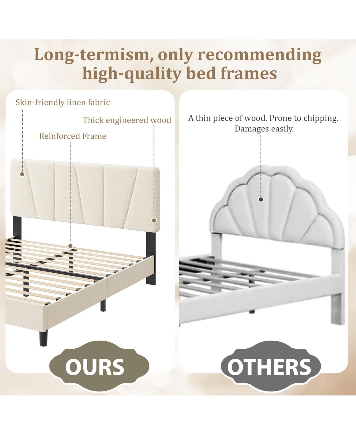 homfan Linen Upholstered Platform Bed Frame with 3-Level Adjustable Headboard, Wood Slat Support, Quiet Design