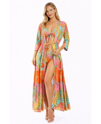 Women's Club Moda Tropical Paisley Maxi Resort Dress - Button Front V-Neck Vacation Dress with Waist Tie