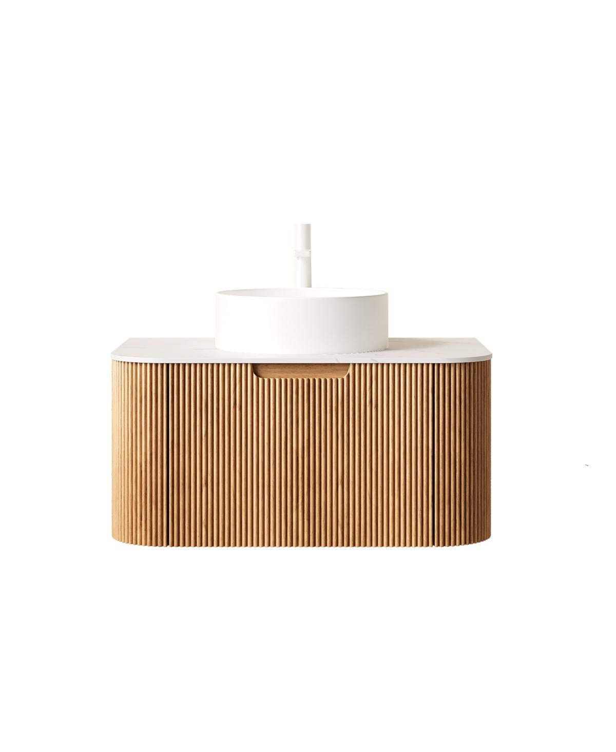 Sillysis Wall Mounted Bathroom Vanity with Sintered Stone Top, Ceramic Vessel Sink, 3D Wood Grain Drawer