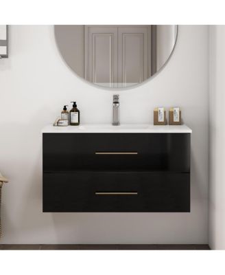 Wall Mounted Bathroom Vanity with Ceramic Sink, Double Drawers, Modern Glossy Cabinet for Small Spaces