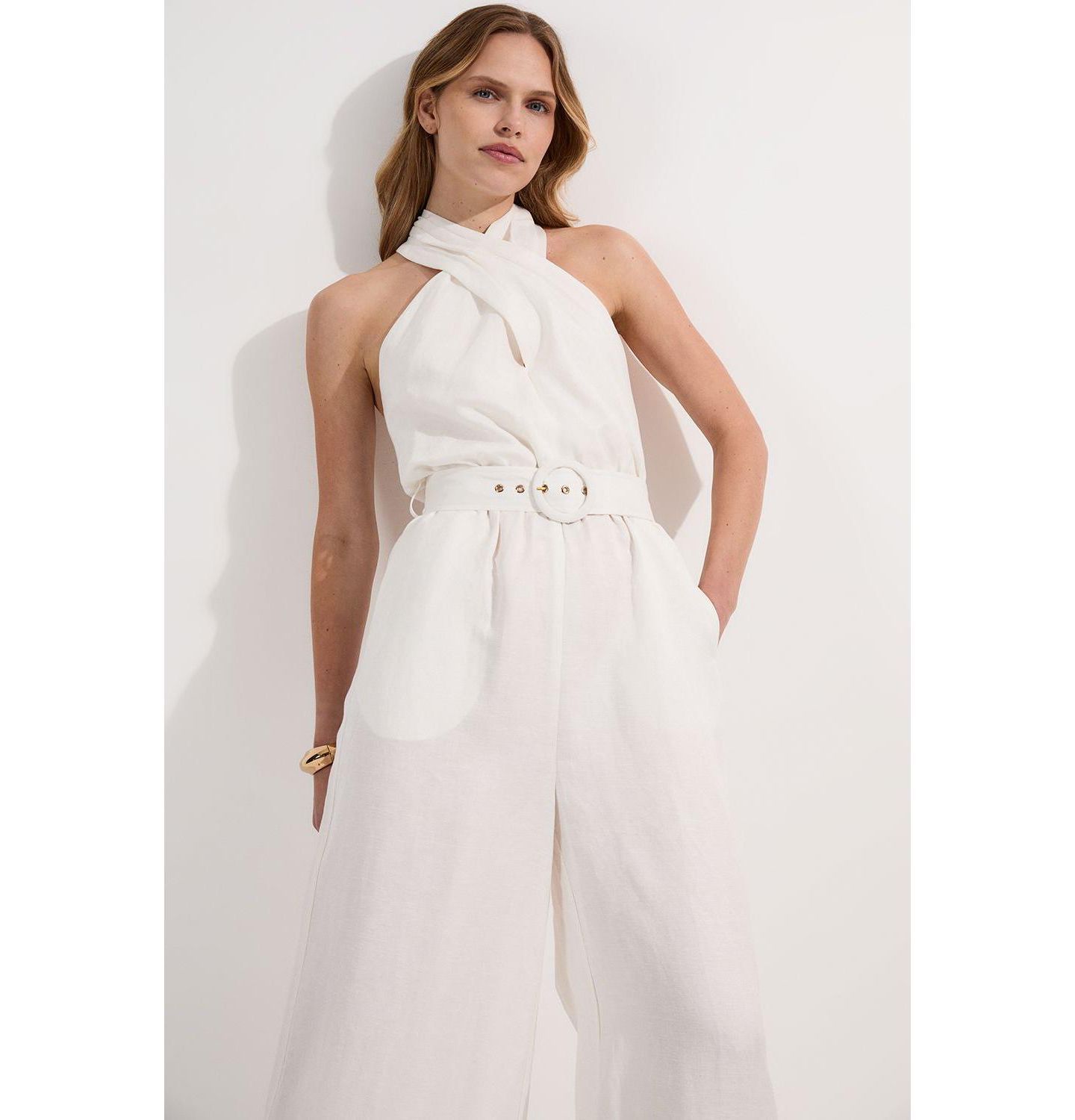Женский комбинезон Karen Millen Linen Blend Wide Leg Belted Jumpsuit, цвет: Белый — фото 2