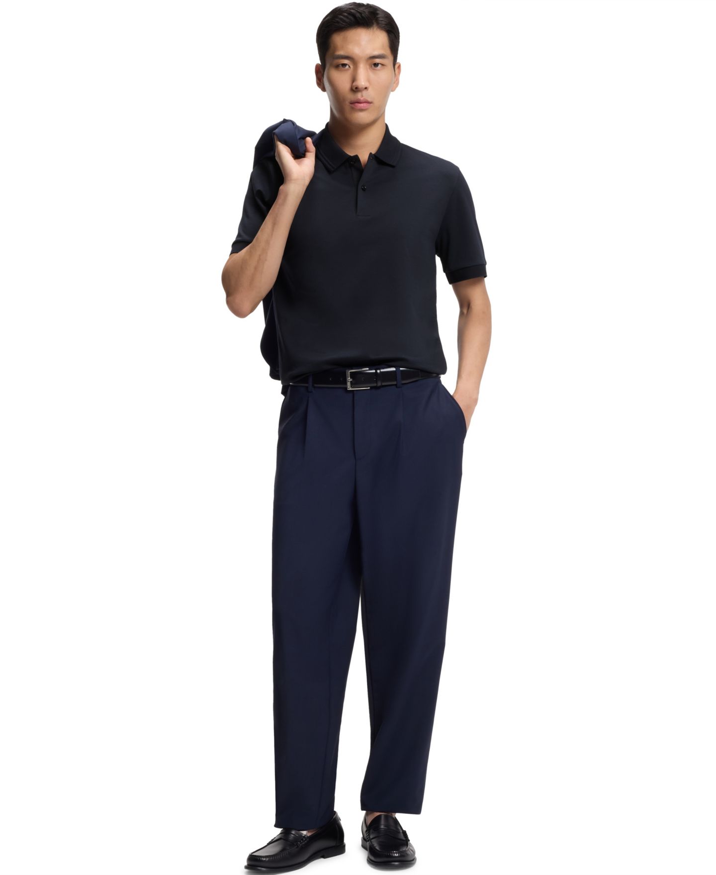 Мужское поло Hugo Boss Monogram Under Placket Cotton-Blend Polo Shirt, цвет: Тёмный синий — фото 4