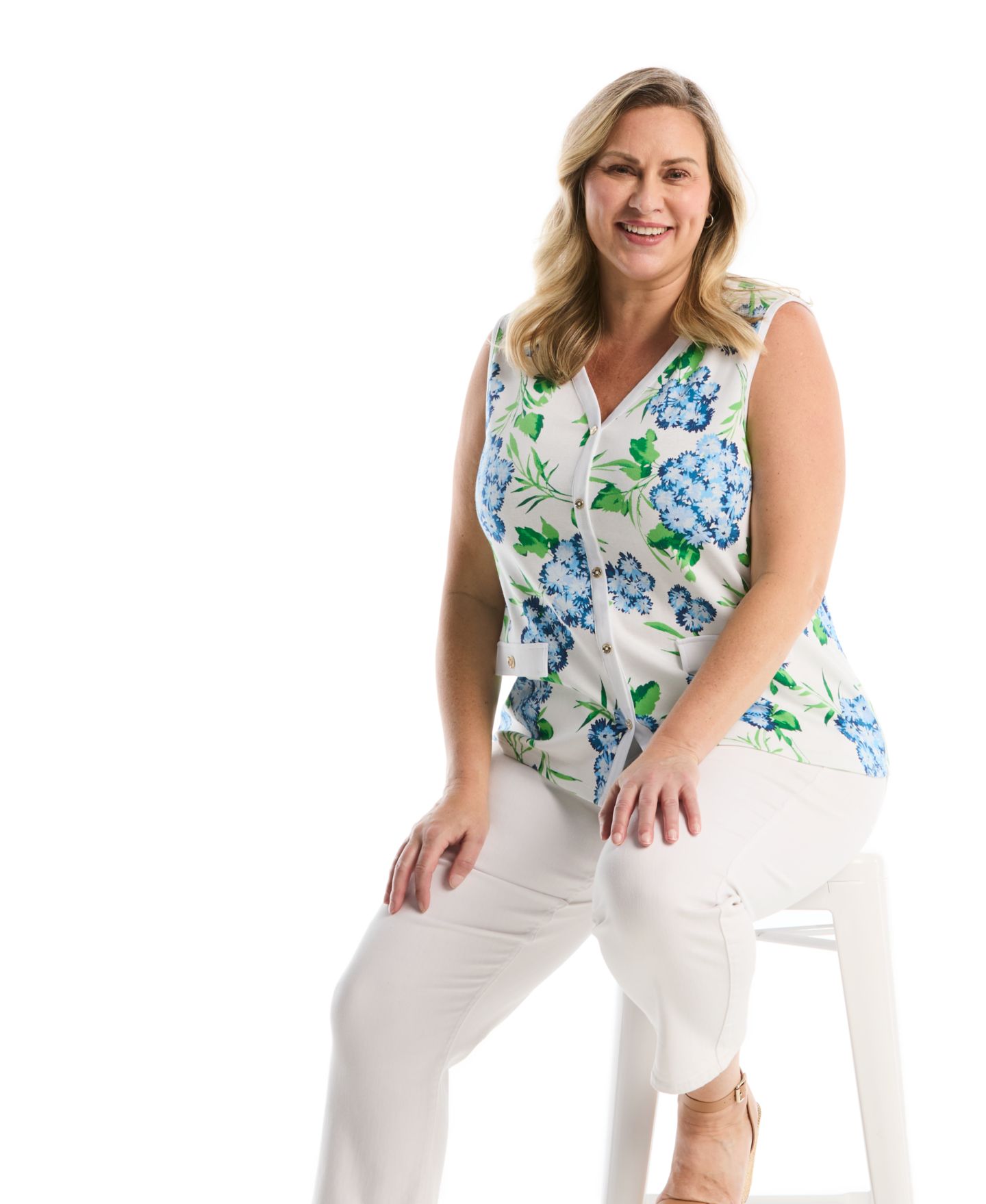 Женский топ Rafaella Plus Size Pom Floral Print Button-Front Sleeveless, цвет: Белый — фото 3