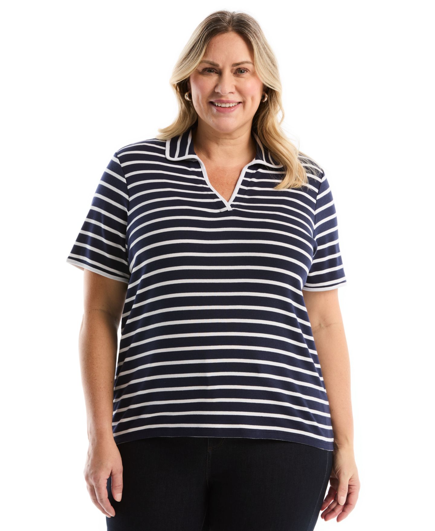 Женское поло Rafaella Plus Size Striped Contrast Trim Johnny Collar Short-Sleeve Polo, цвет: Peacoat — фото 1