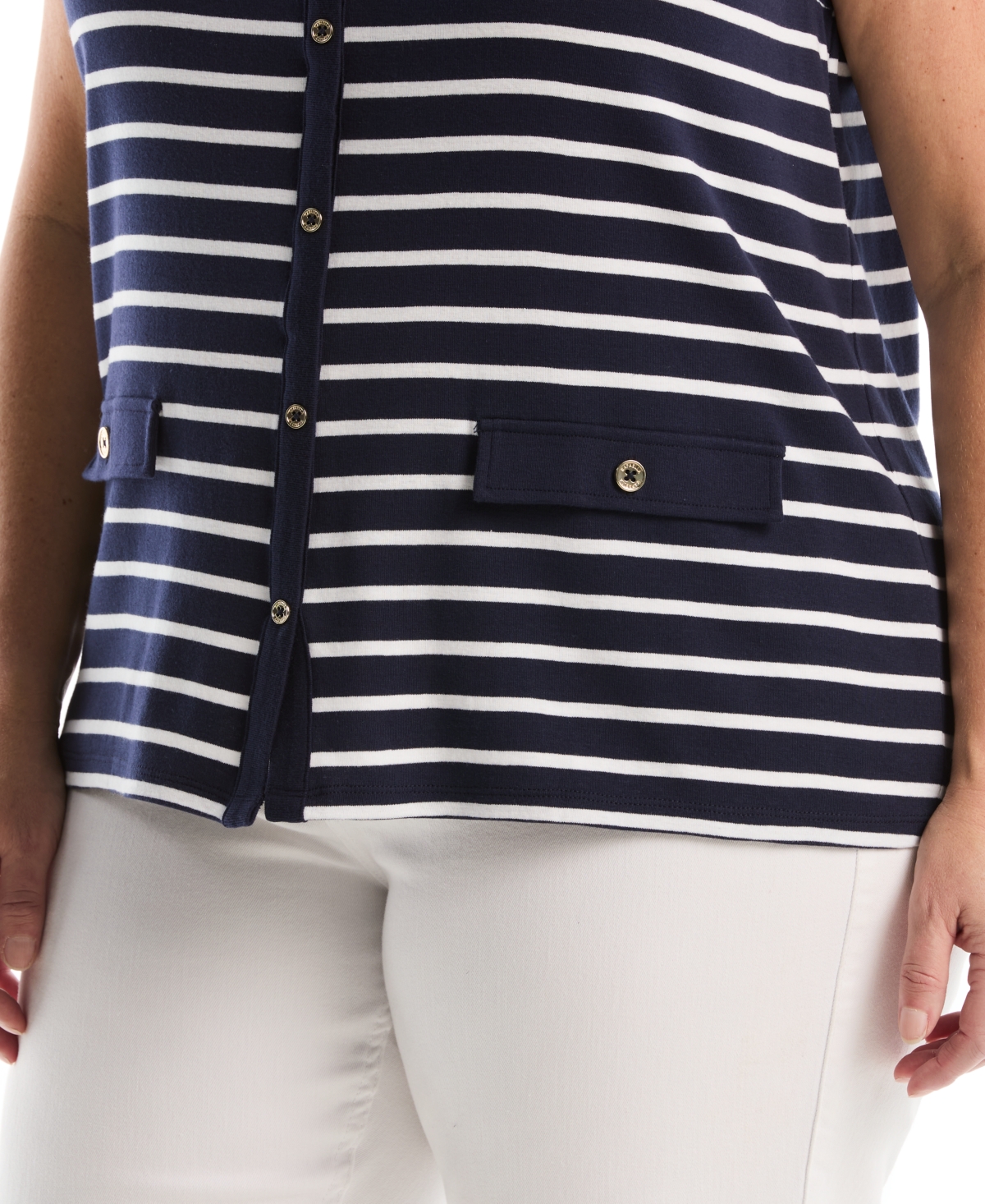 Rafaella Plus Striped Button Front Sleeveless Tank Top