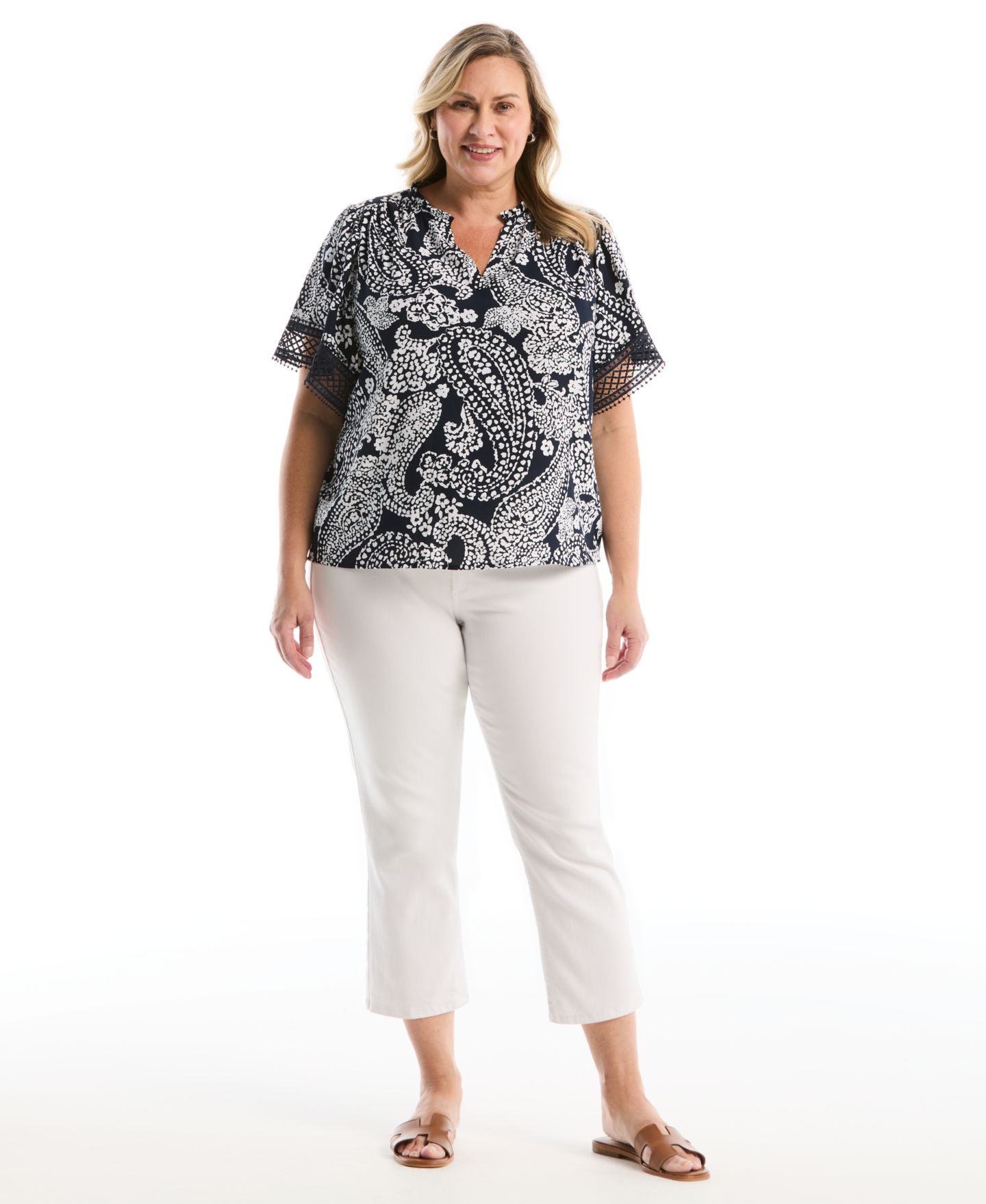 Женская блузка Rafaella Plus Size Paisley Print Flutter Lace Short-Sleeve, цвет: Peacoat — фото 2