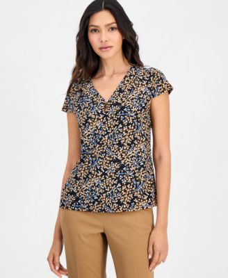 Printed Pleated-Neck Cap-Sleeve Top