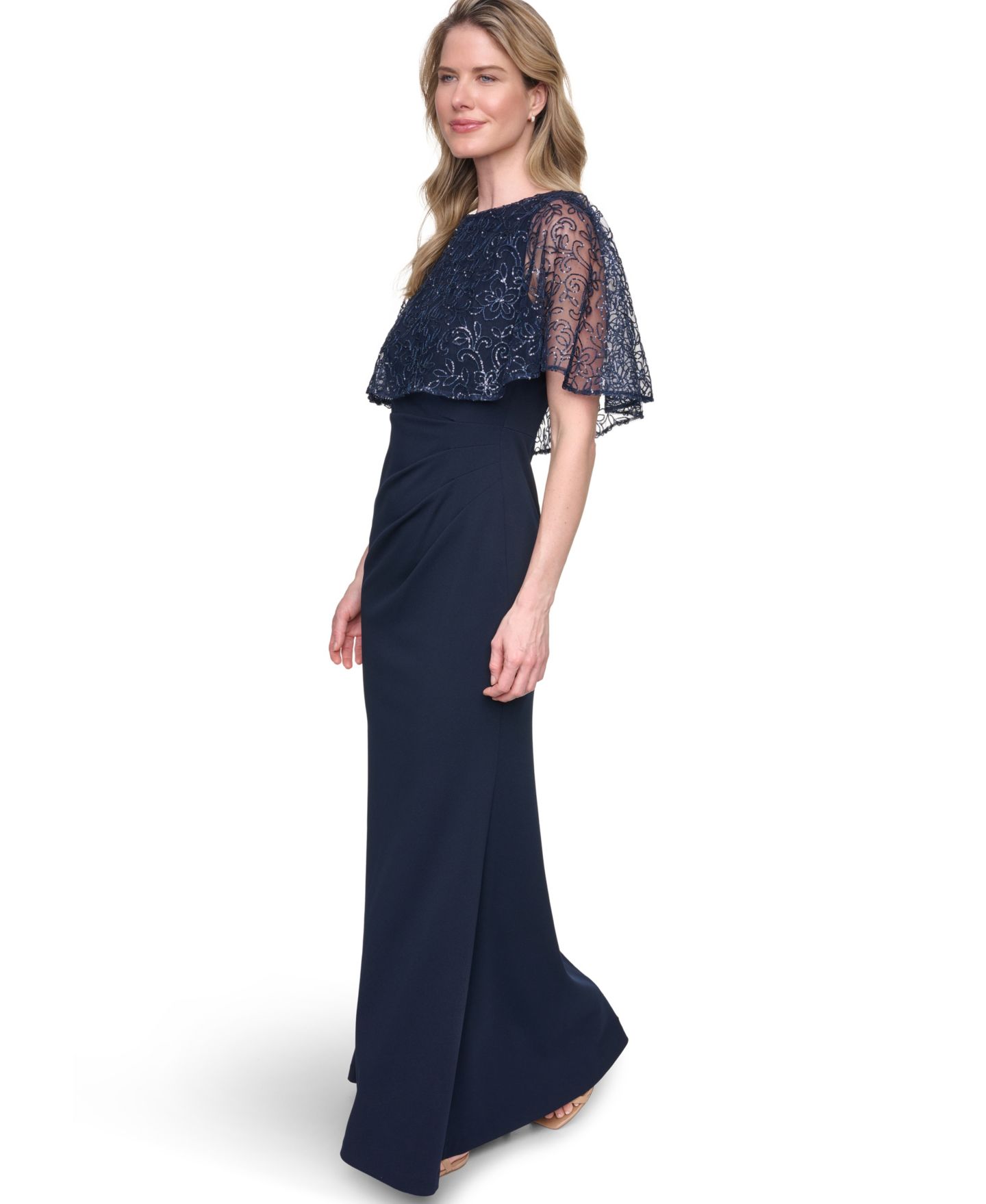 Женские платья Jessica Howard Petite Capelet Boat Neck Sequin Detail Gown, цвет: Тёмно-синий — фото 3